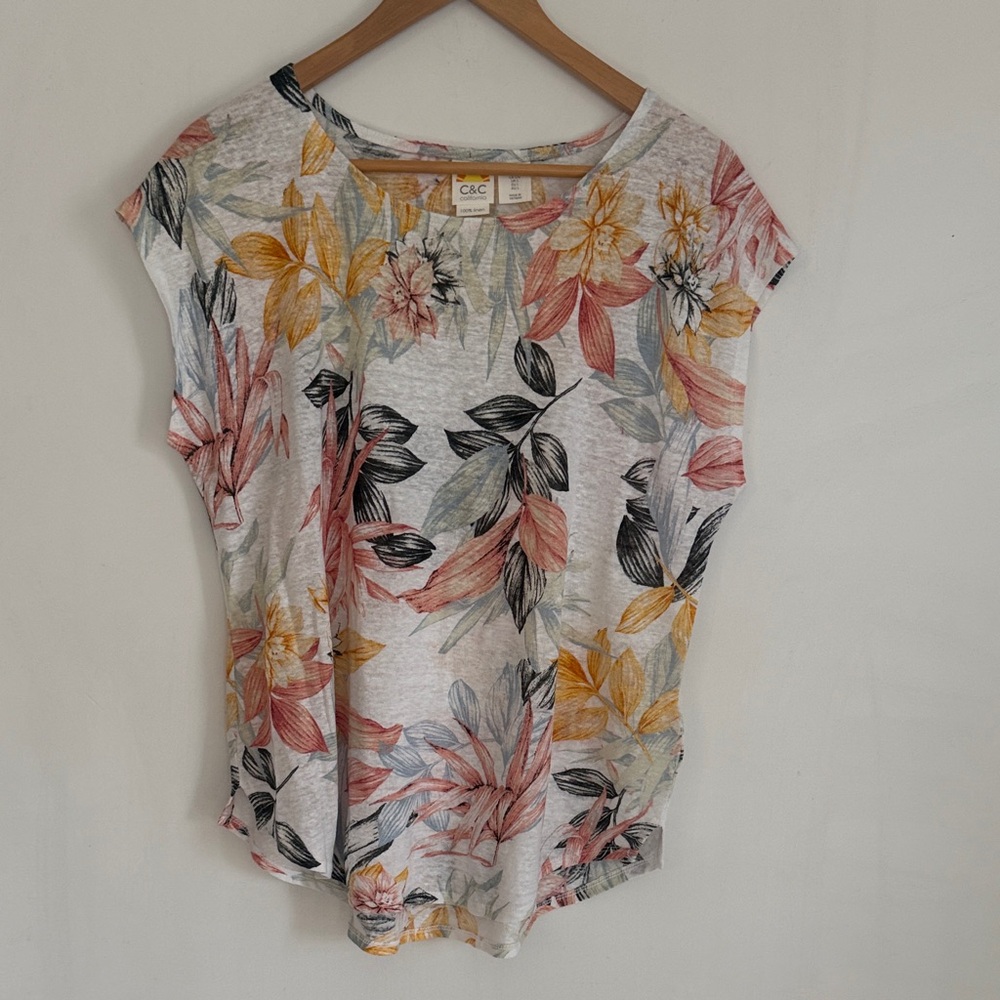 C&C California Women Floral 100% Linen Sleeveless Pullover Blouse Top Size L